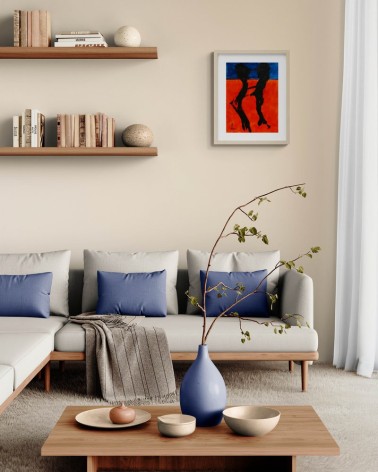 Composition n°1960. Format 40 x 30 cm. Encre noire sur fond rouge et bleu