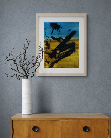 Composition n°1349. Format 40 x 30 cm. Encre sur fond bleu et marron