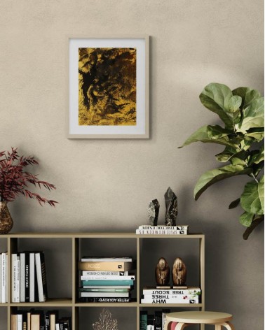 Composition n°1749. Format 40 x 30 cm. Œuvre noire et marron sur fond ocre