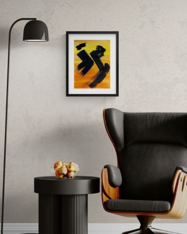 Composition n°1352. Format 40 x 30 cm. Encre sur fond jaune et orange