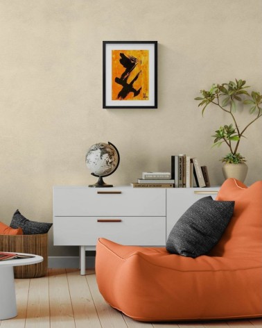 Composition n°1483. Format 40 x 30 cm. Encre noire sur fond orange