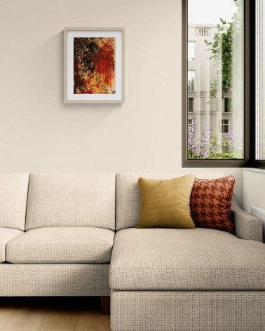 Composition n°1744. Format 40 x 30 cm. Œuvre noire et rouge sur fond ocre