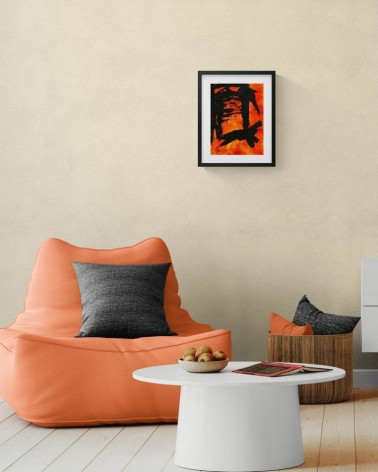 Composition n°1958. Format 40 x 30 cm. Encre noire sur fond orange foncé