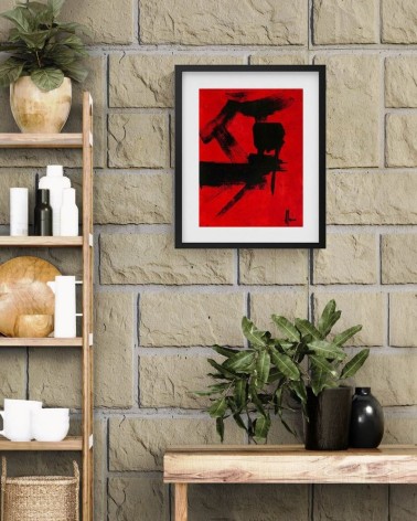 Composition n°1479. Format 40 x 30 cm. Encre noire sur fond rouge