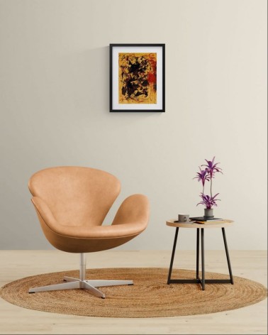 Composition n°1745. Format 40 x 30 cm. Œuvre noire et rouge sur fond ocre