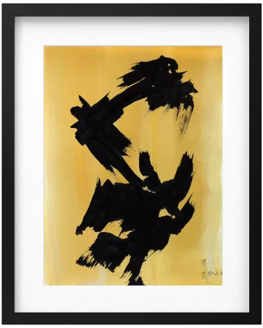Composition n°1333. Format 40 x 30 cm. Encre sur papier avec fond jaune