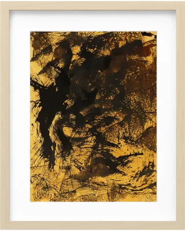Composition n°1749. Format 40 x 30 cm. Œuvre noire et marron sur fond ocre