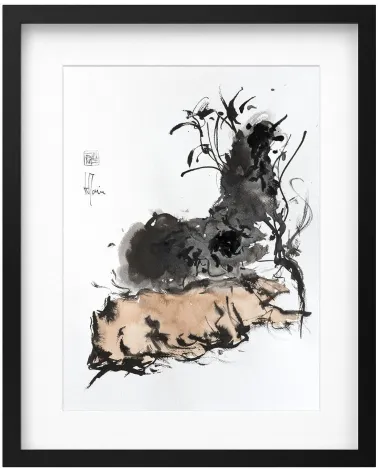 Composition n°2996. Format 40 x 30 cm. Encre noire et ocre orangé sur papier