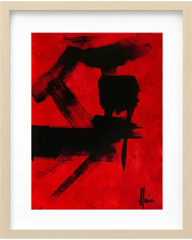 Composition n°1479. Format 40 x 30 cm. Encre noire sur fond rouge