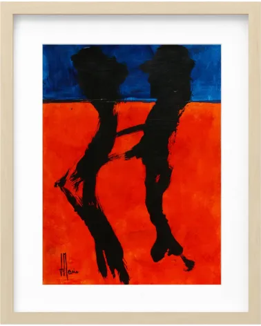 Composition n°1960. Format 40 x 30 cm. Encre noire sur fond rouge et bleu