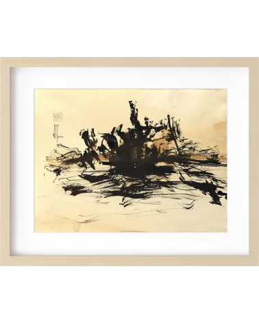 Composition n°2940. Format 30 x 40 cm. Encre noire sur fond ocre