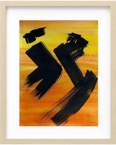 Composition n°1352. Format 40 x 30 cm. Encre sur fond jaune et orange