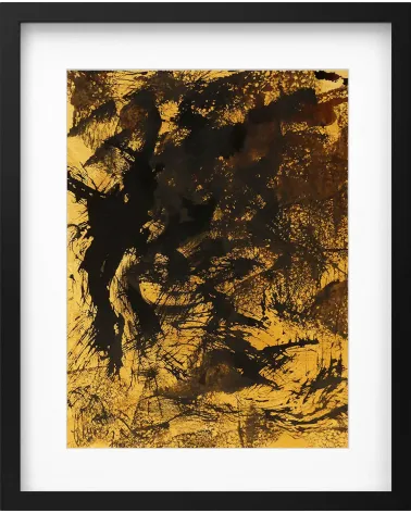 Composition n°1749. Format 40 x 30 cm. Œuvre noire et marron sur fond ocre