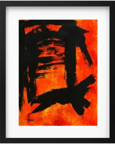 Composition n°1958. Format 40 x 30 cm. Encre noire sur fond orange foncé