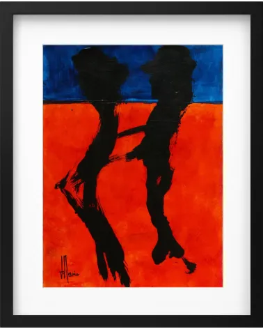 Composition n°1960. Format 40 x 30 cm. Encre noire sur fond rouge et bleu