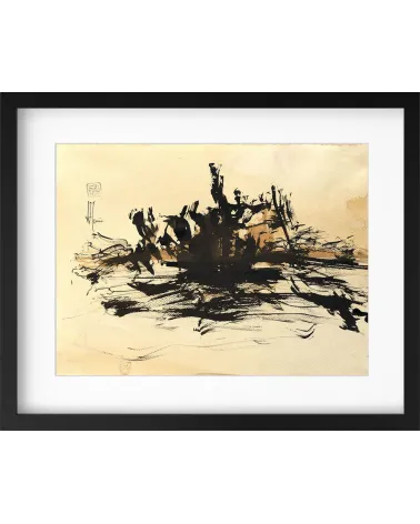 Composition n°2940. Format 30 x 40 cm. Encre noire sur fond ocre