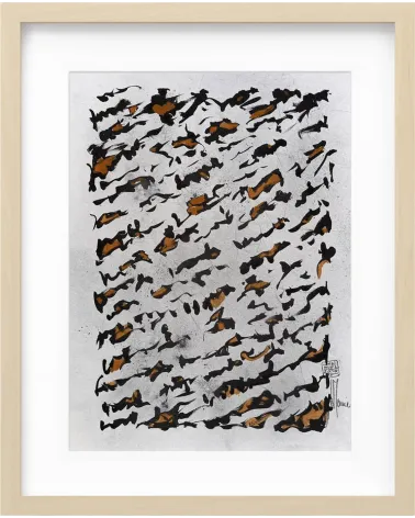 Création S096. Format 40 x 30. Encre noire et marron sur fond gris