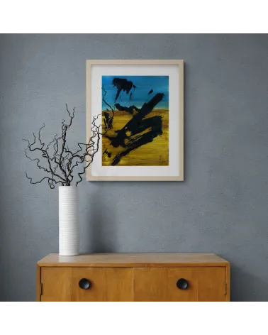 Composition n°1349. Format 40 x 30 cm. Encre sur fond bleu et marron