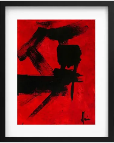 Composition n°1479. Format 40 x 30 cm. Encre noire sur fond rouge