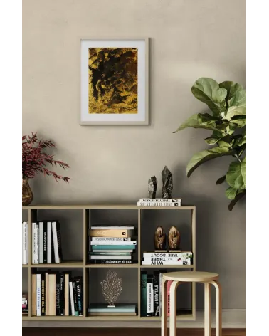 Composition n°1749. Format 40 x 30 cm. Œuvre noire et marron sur fond ocre