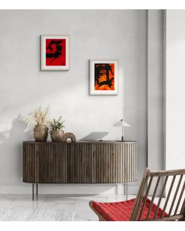 Composition n°1958. Format 40 x 30 cm. Encre noire sur fond orange foncé