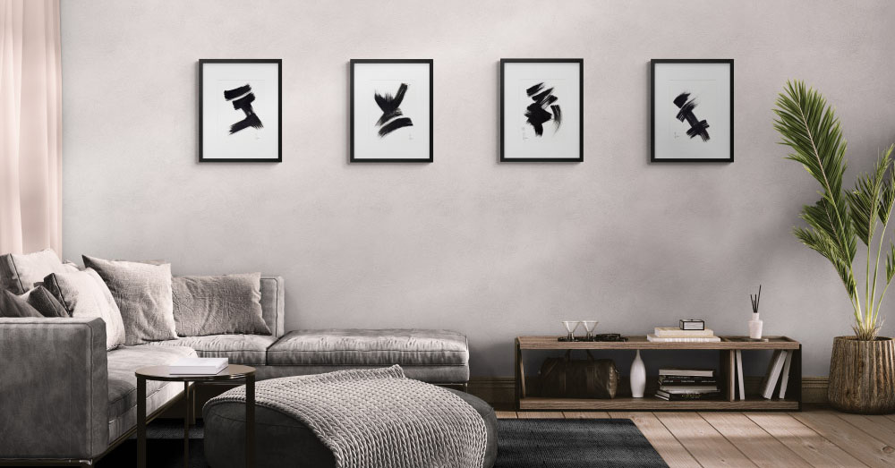 tableau abstrait noir et blanc dans un salon minimaliste élégant