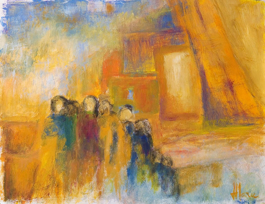 Peinture semi-abstraite de Jean-Jacques Marie où les formes se dissolvent, marquant le passage du figuratif à l’abstraction. Marché aux Saintes Maries de la mer