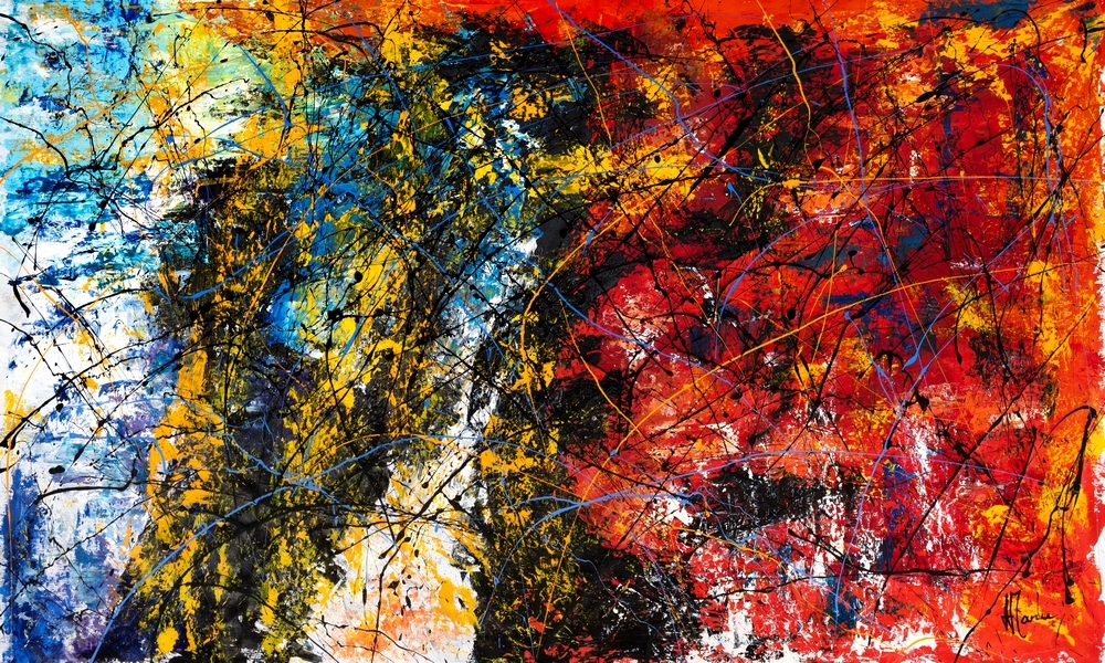 Peinture abstraite gestuelle de Jean-Jacques Marie, caractérisée par un geste spontané et des projections de couleurs dynamiques