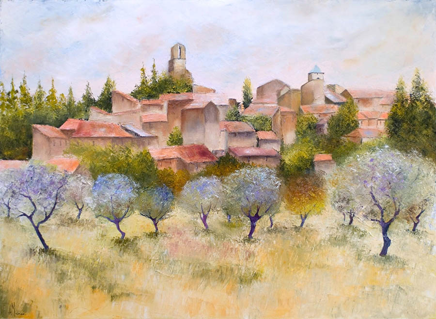 Peinture figurative de Jean-Jacques Marie représentant le village provençal de Lourmarin, avec un travail de lumière et de couleurs